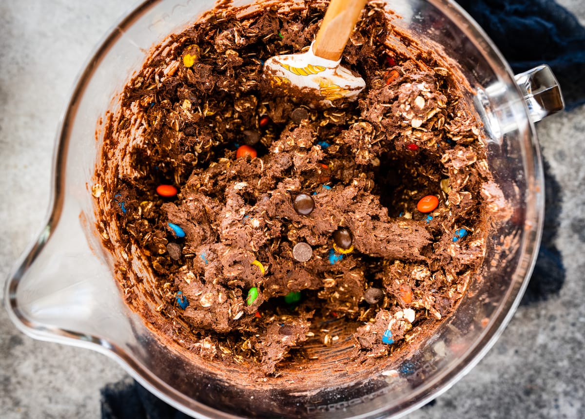 monster cookie dough in mixing bowl. 