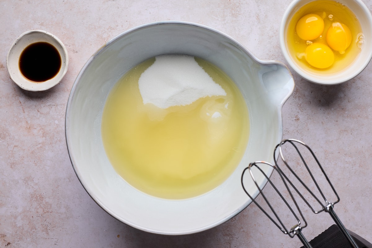 sugar and oil in mixing bowl. 