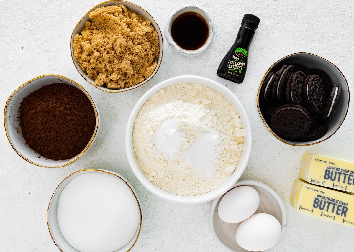ingredients in bowls to make homemade peppermint Oreo cookies. 