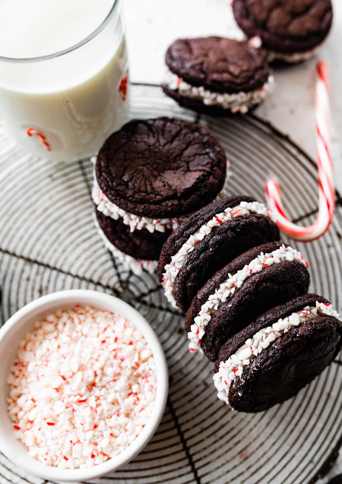 homemade peppermint Oreo cookies rolled in crushed peppermint candies. 