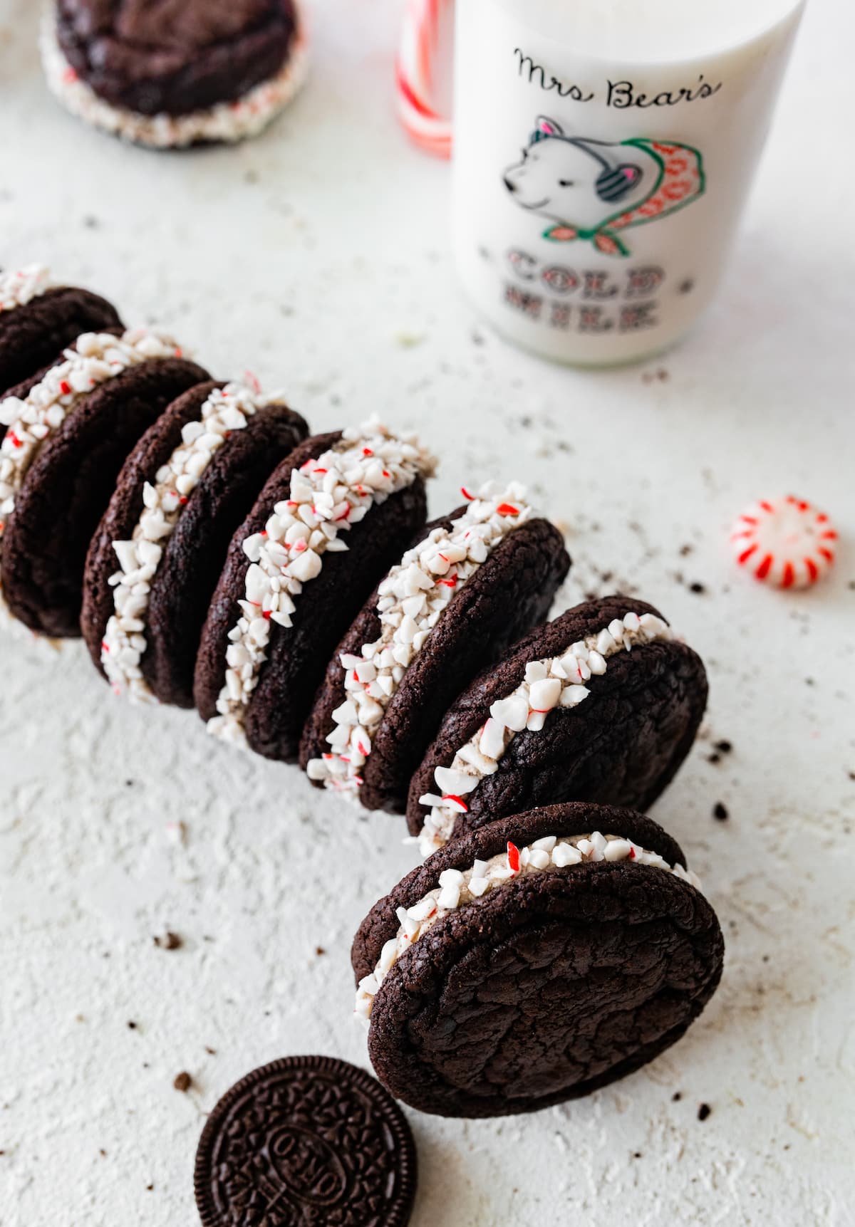homemade peppermint Oreo cookies with crushed peppermint candies. 