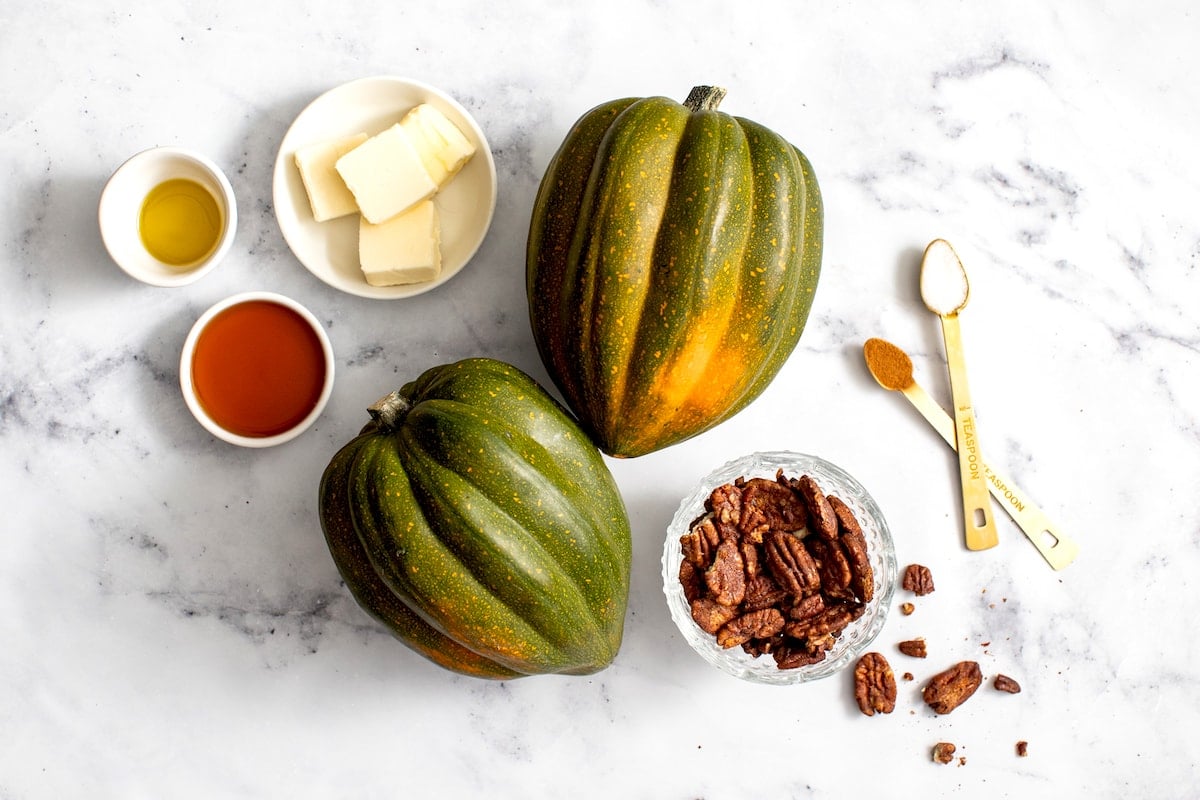 acorn squash, butter, olive oil, maple syrup, cinnamon, salt, and candied pecans. 