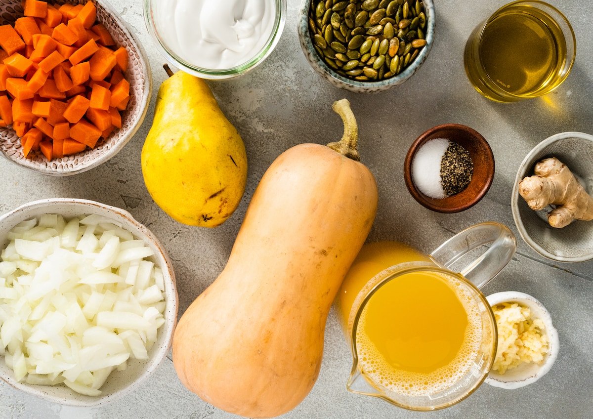 ingredients to make roasted butternut squash pear ginger soup.