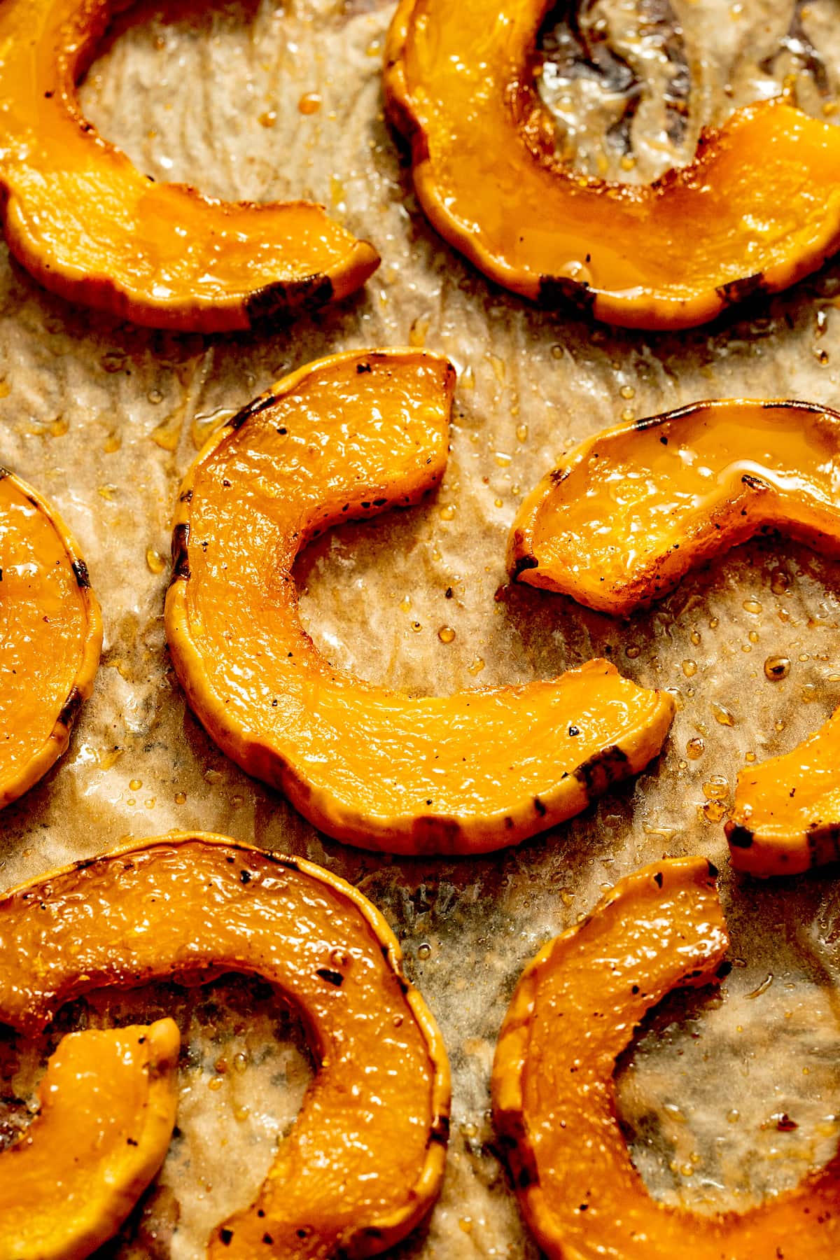 close up of roasted delicata squash. 