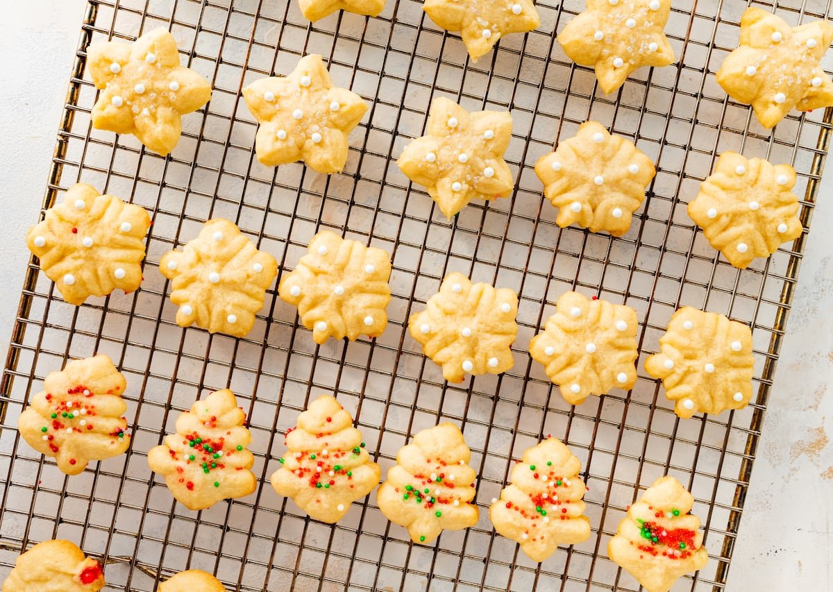 spritz cookies on cooling rack. 