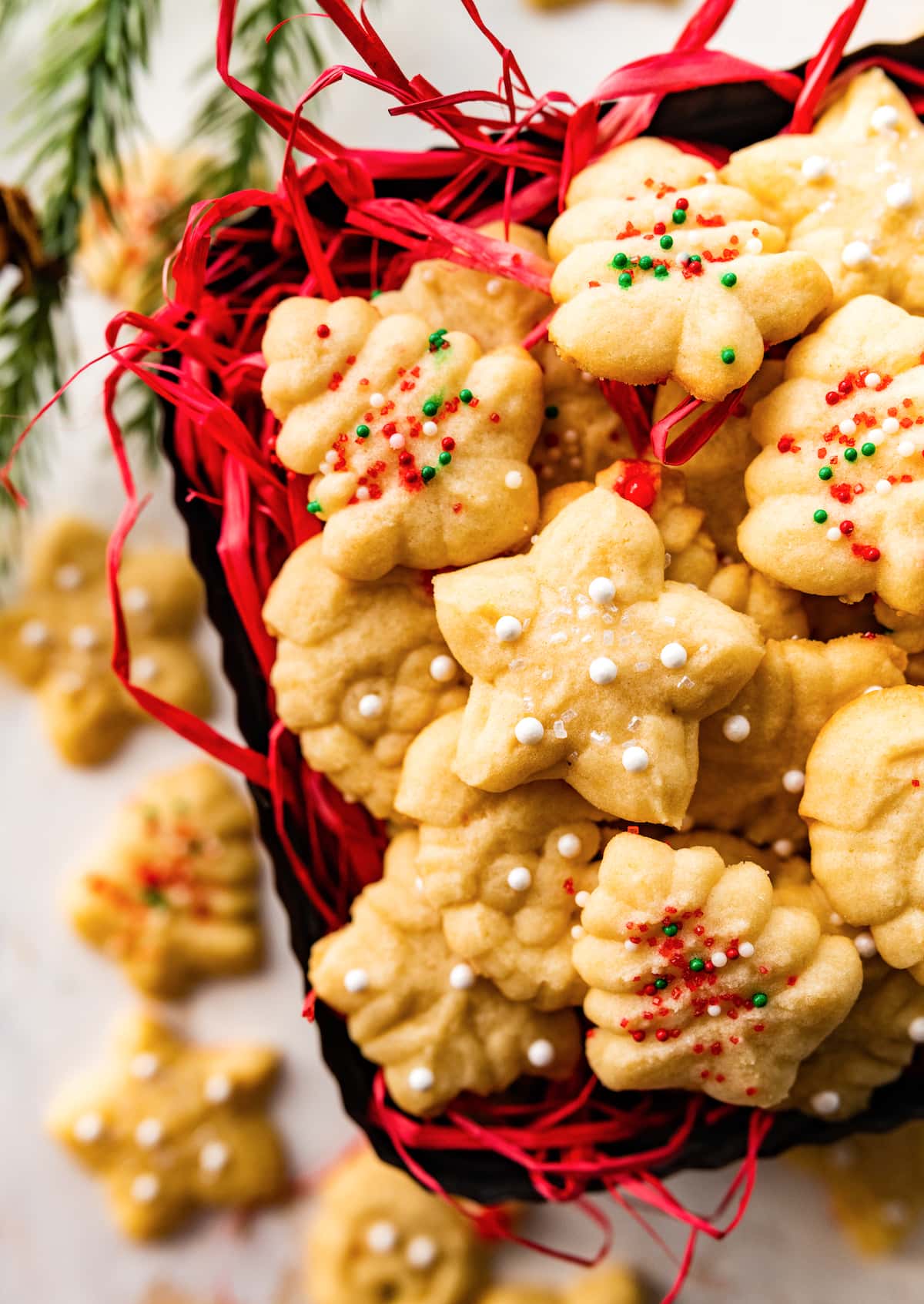 spritz cookies in holiday cookie tin. 