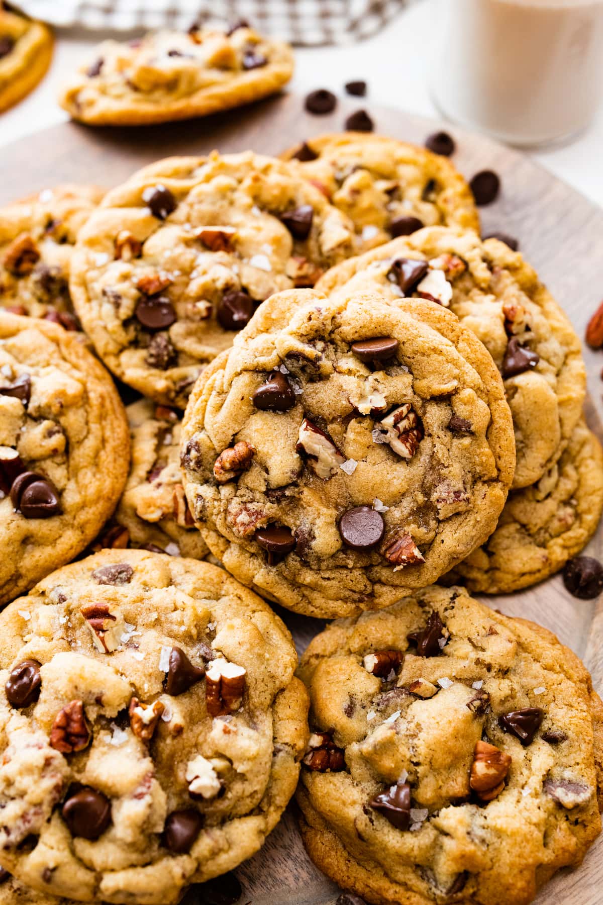 maple pecan chocolate chip cookies on plate. 