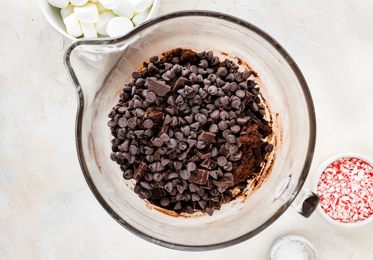 peppermint mocha cookie dough in mixing bowl with chocolate chips. 