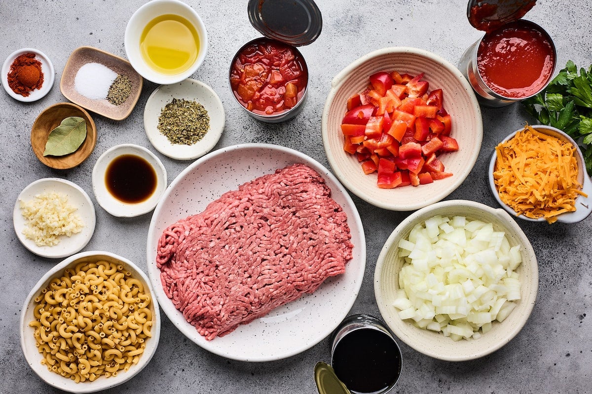 ingredients in bowls to make American goulash. 