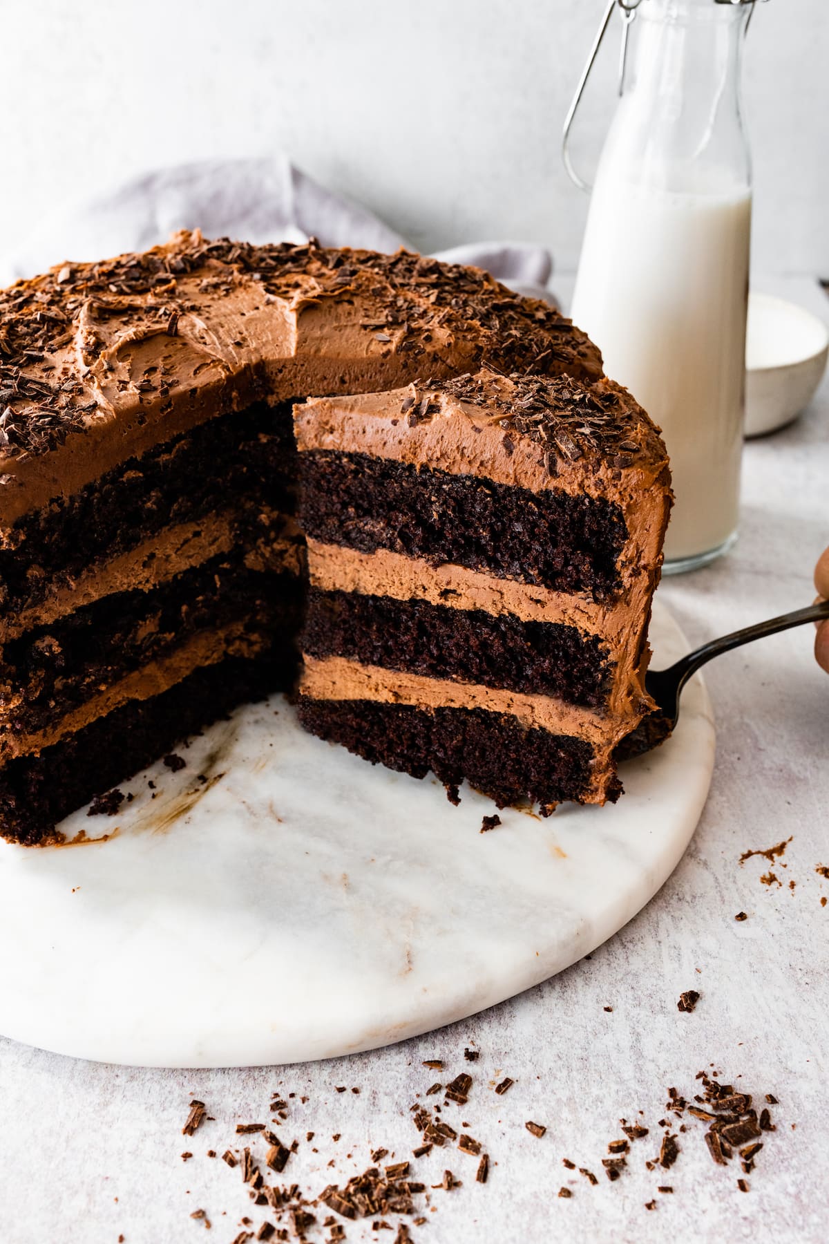 layered chocolate cake with chocolate frosting. 