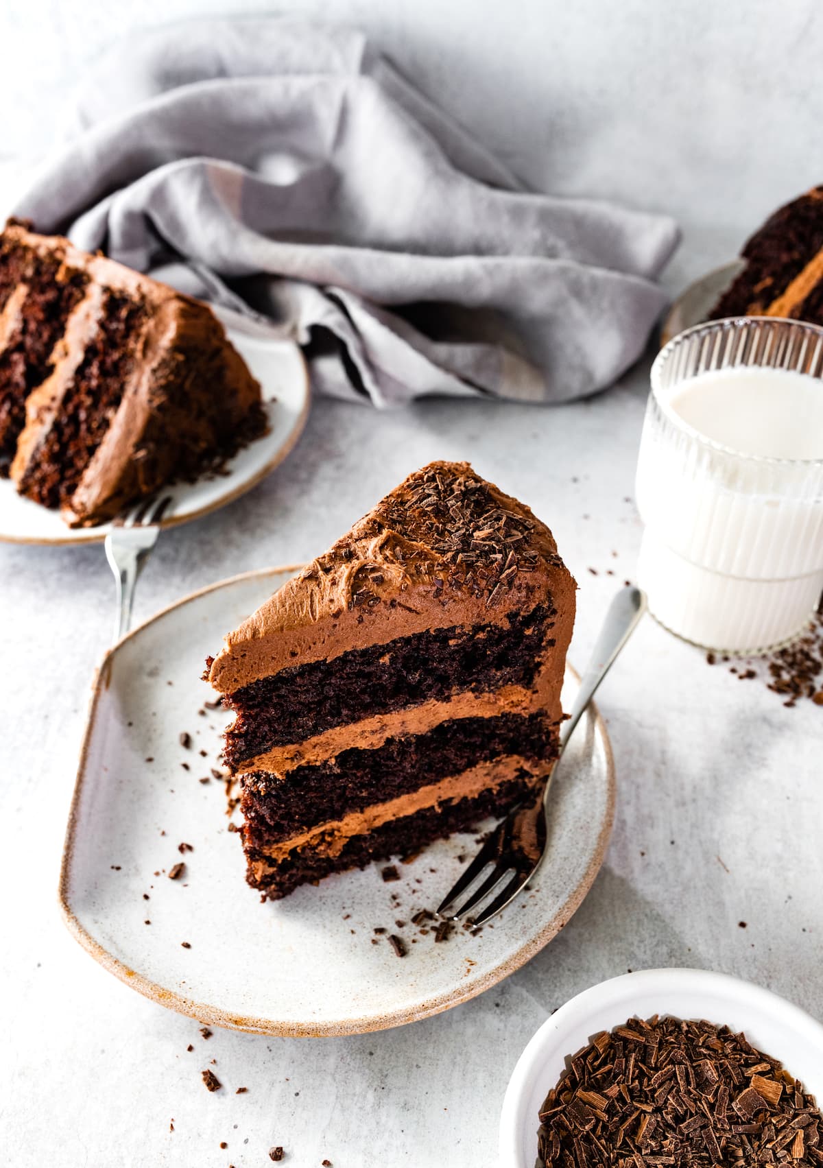 piece of chocolate cake on plate with fork. 