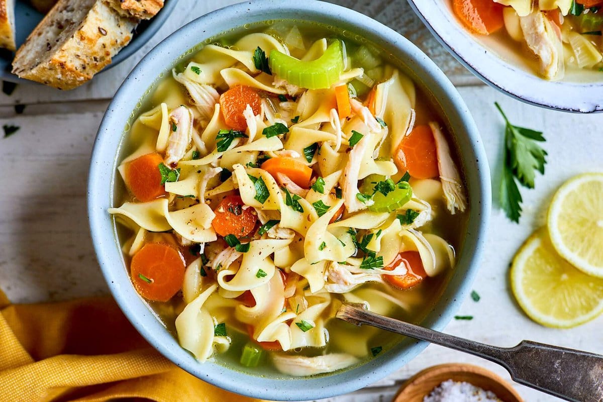 chicken noodle soup in bowl. 