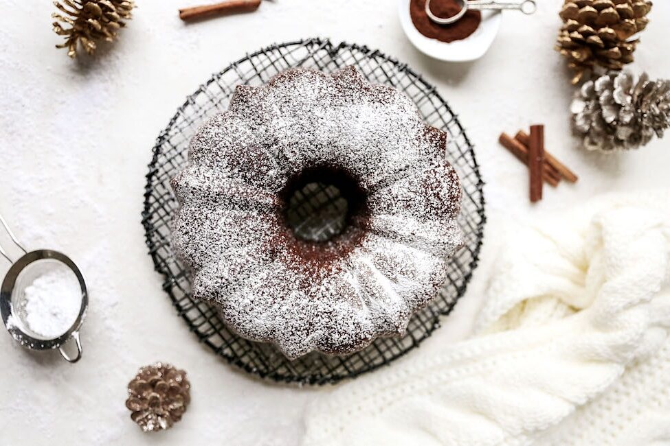 gingerbread bundt cake on cooling rack. 