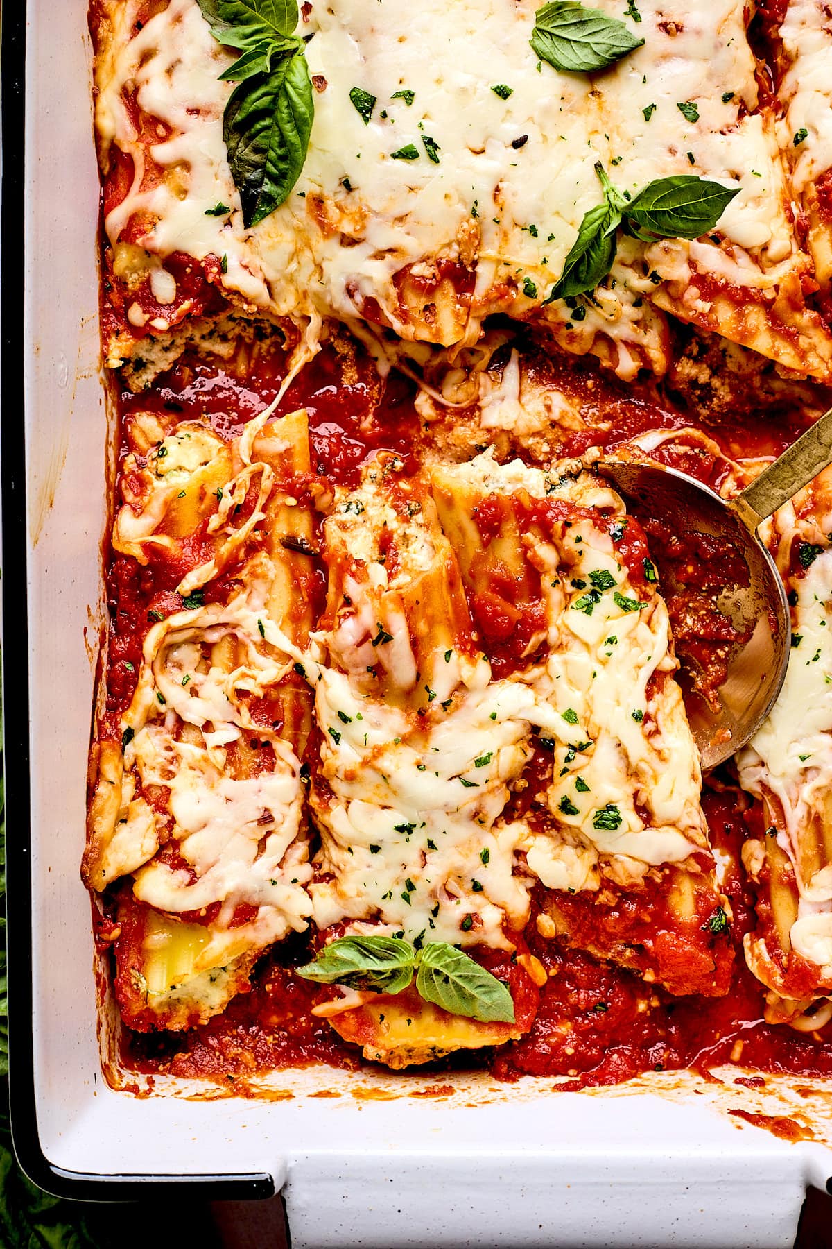 cheesy manicotti with marinara sauce in baking dish. 