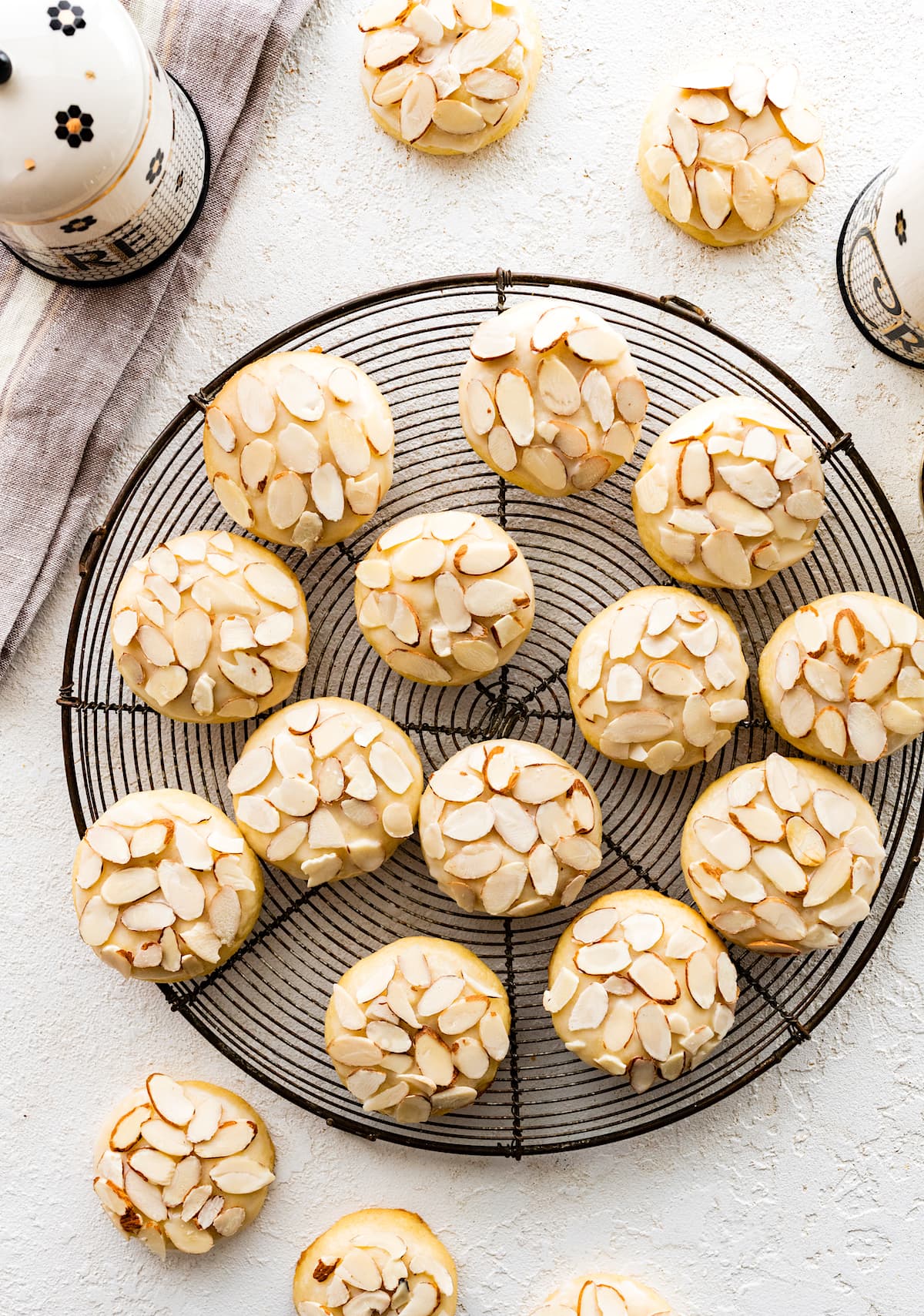 almond cookies on cooling rack. 