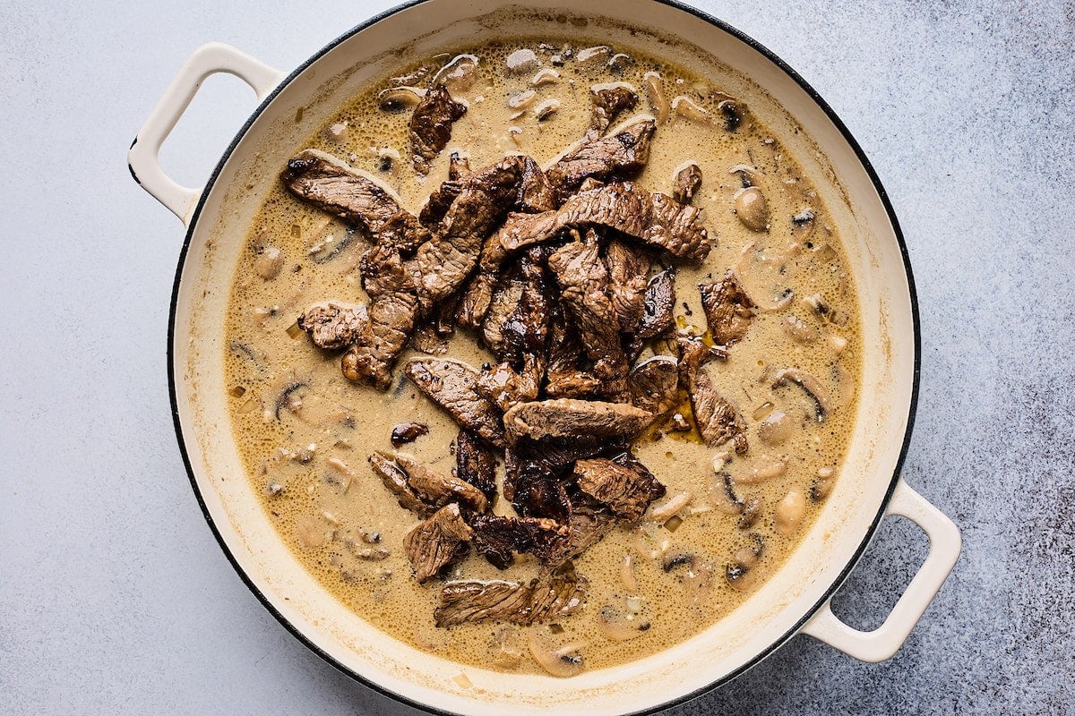 beef stroganoff in large skillet. 