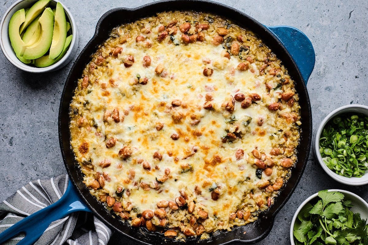 cheese rice and beans in skillet. 
