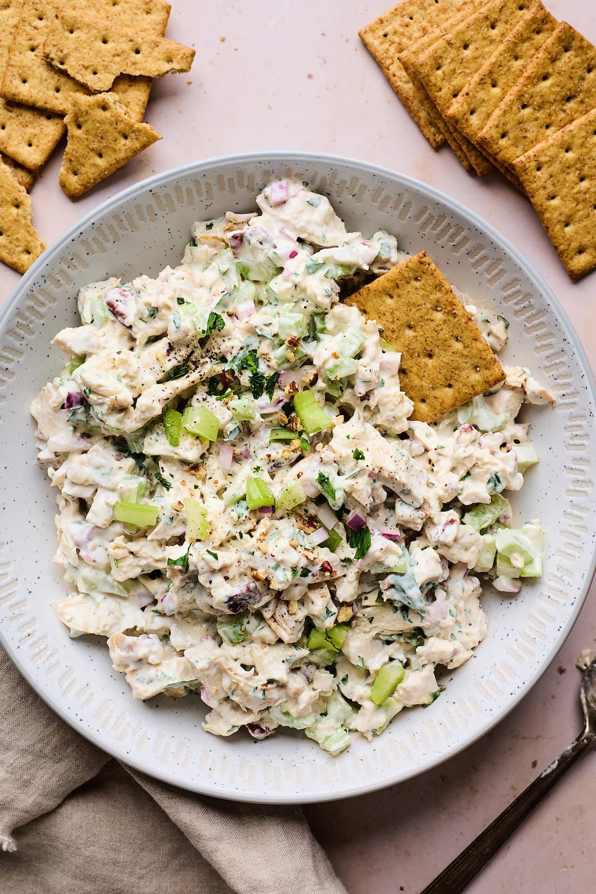 chicken salad in bowl with crackers. 