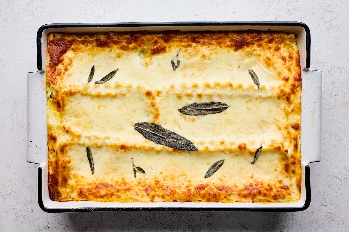 butternut squash lasagna in baking dish.