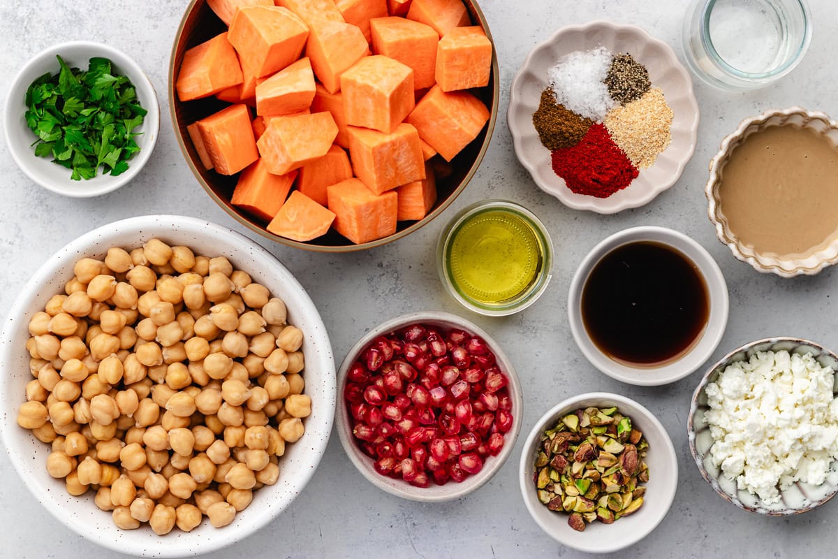 Ingredients in bowls to make Roasted Sweet Potatoes and Chickpeas.