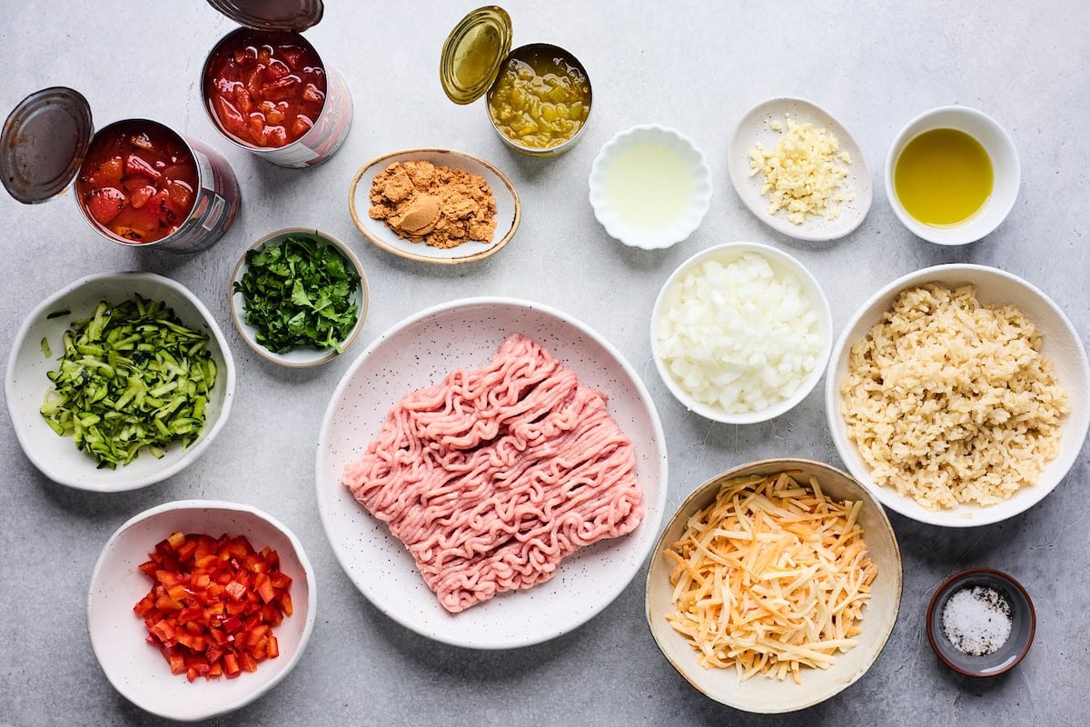 ingredients in bowls to make taco skillet.
