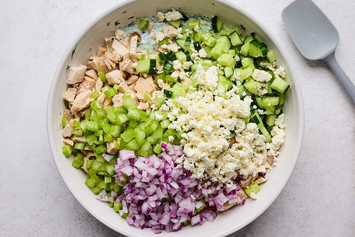 chicken, cucumber, feta cheese, red onion, and celery in bowl with tzatziki sauce to make tzatziki chicken salad. 