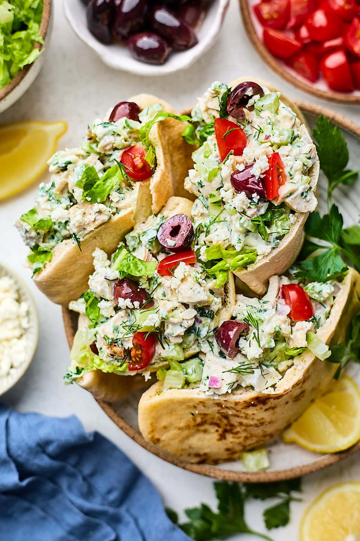 tzatziki chicken salad in pita pockets. 
