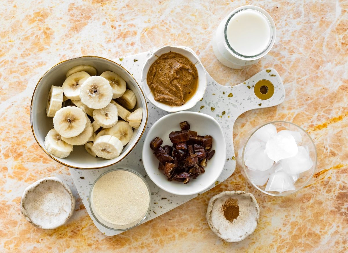 ingredients to make a healthy date shake. 