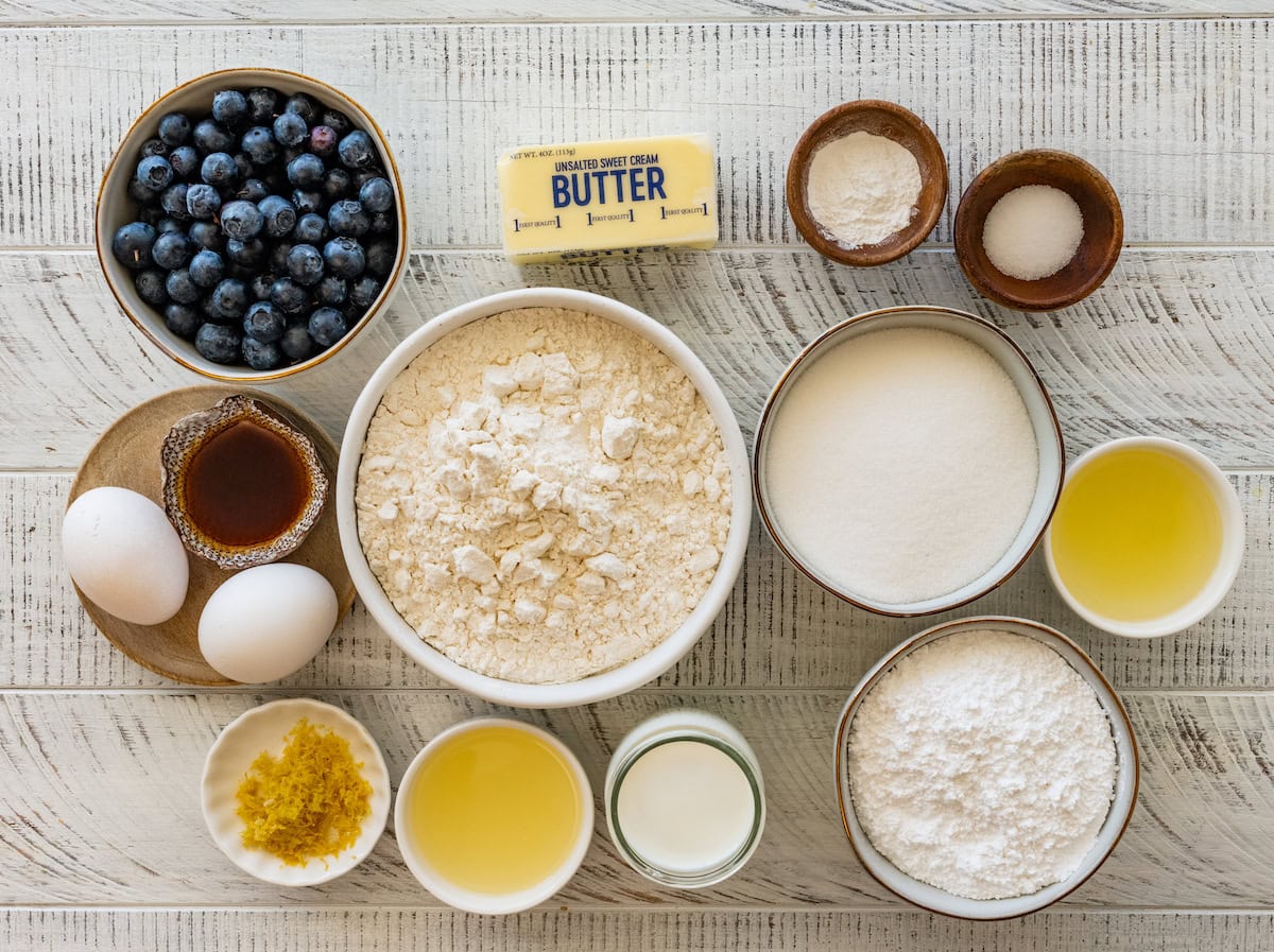 ingredients to make lemon blueberry muffins. 