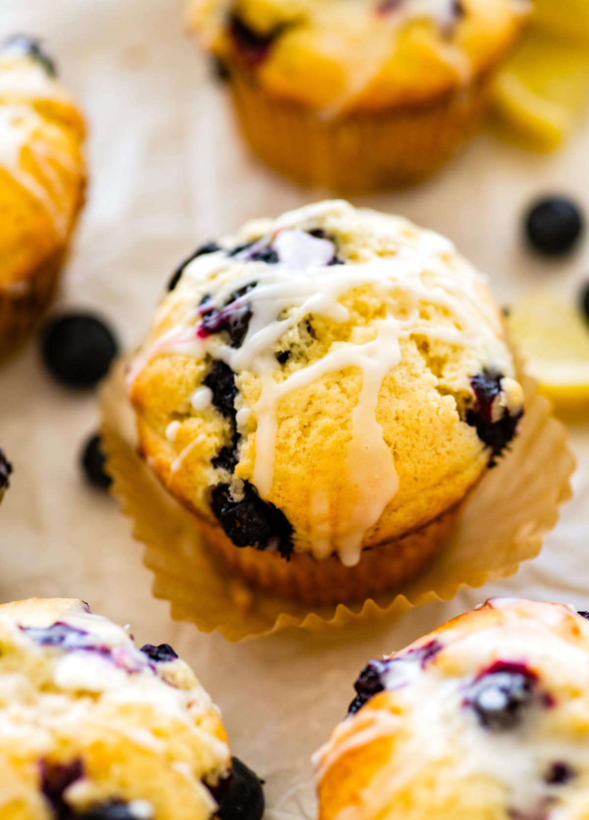 lemon blueberry muffin with lemon glaze. 