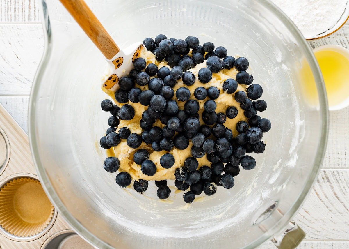 blueberries being folded into lemon blueberry muffin batter in mixing bowl. 