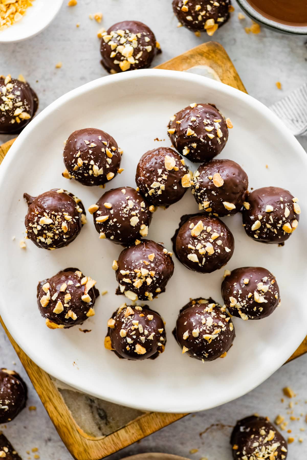 Snickers protein balls on plate.