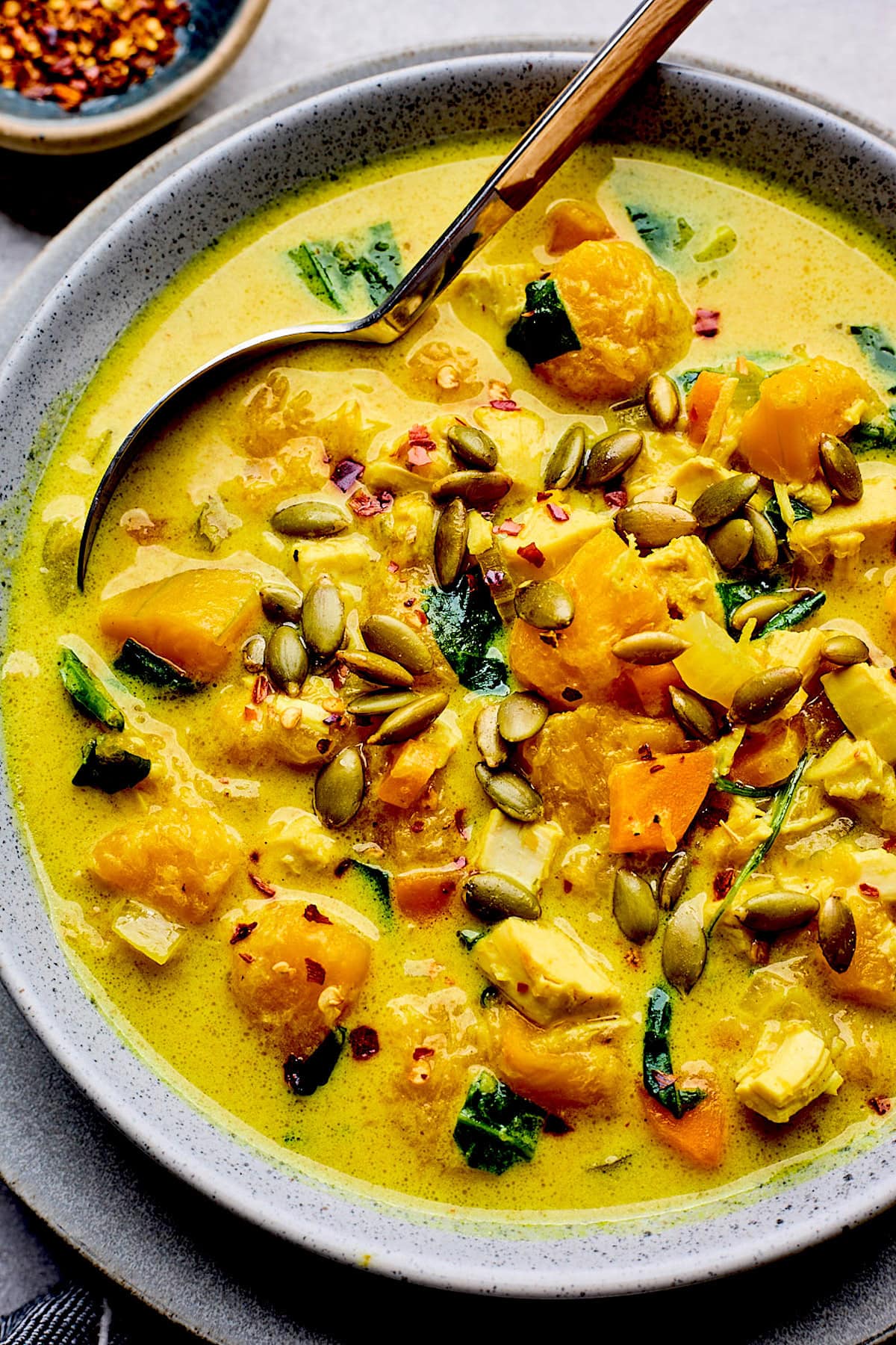 close up of Creamy Coconut Butternut Squash Chicken Soup in bowl with spoon. 