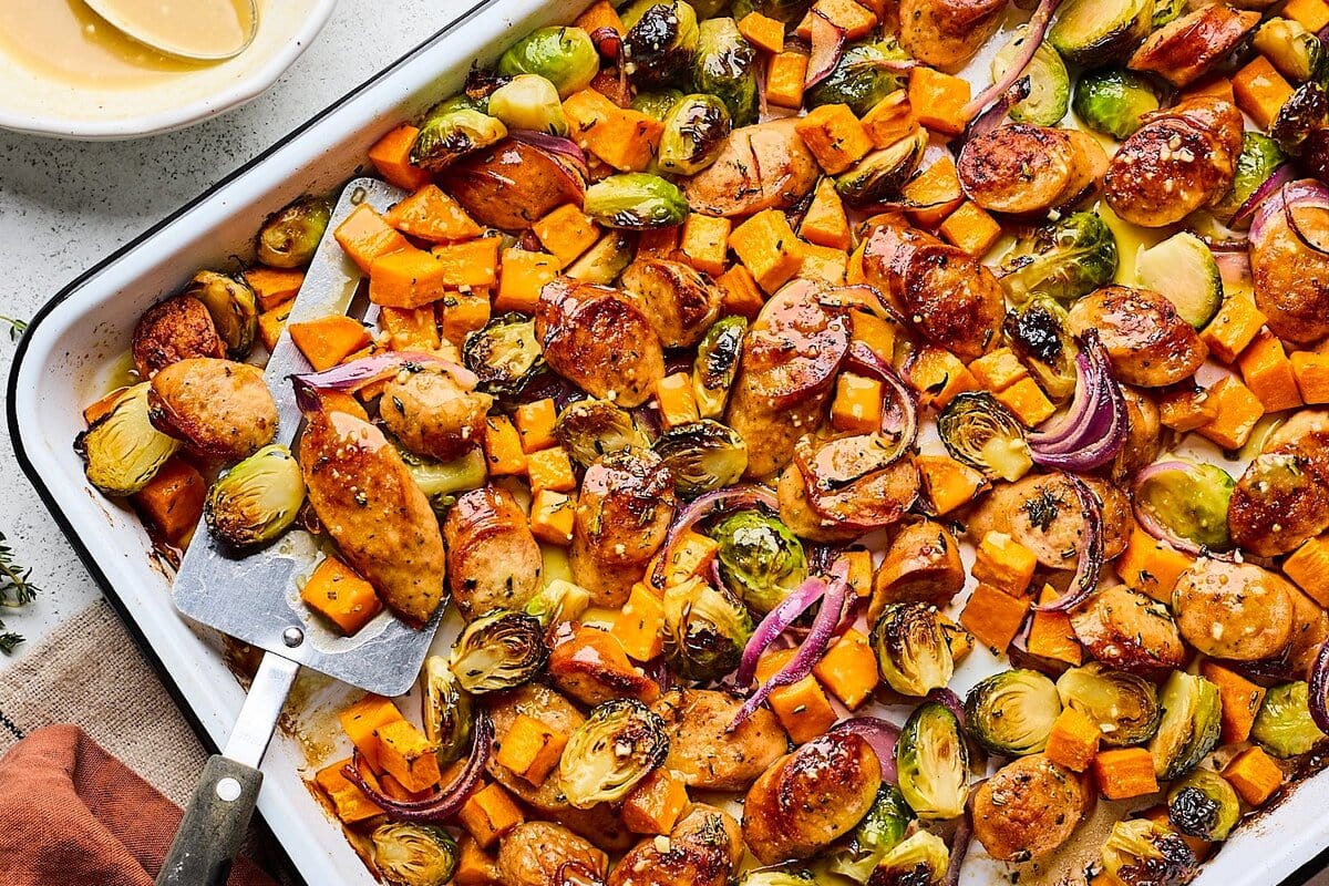Easy Sheet Pan Sausage and Veggies with Maple Dijon Sauce
