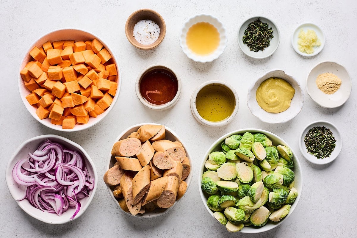 ingredients to make sheet pan sausage with vegetables. 