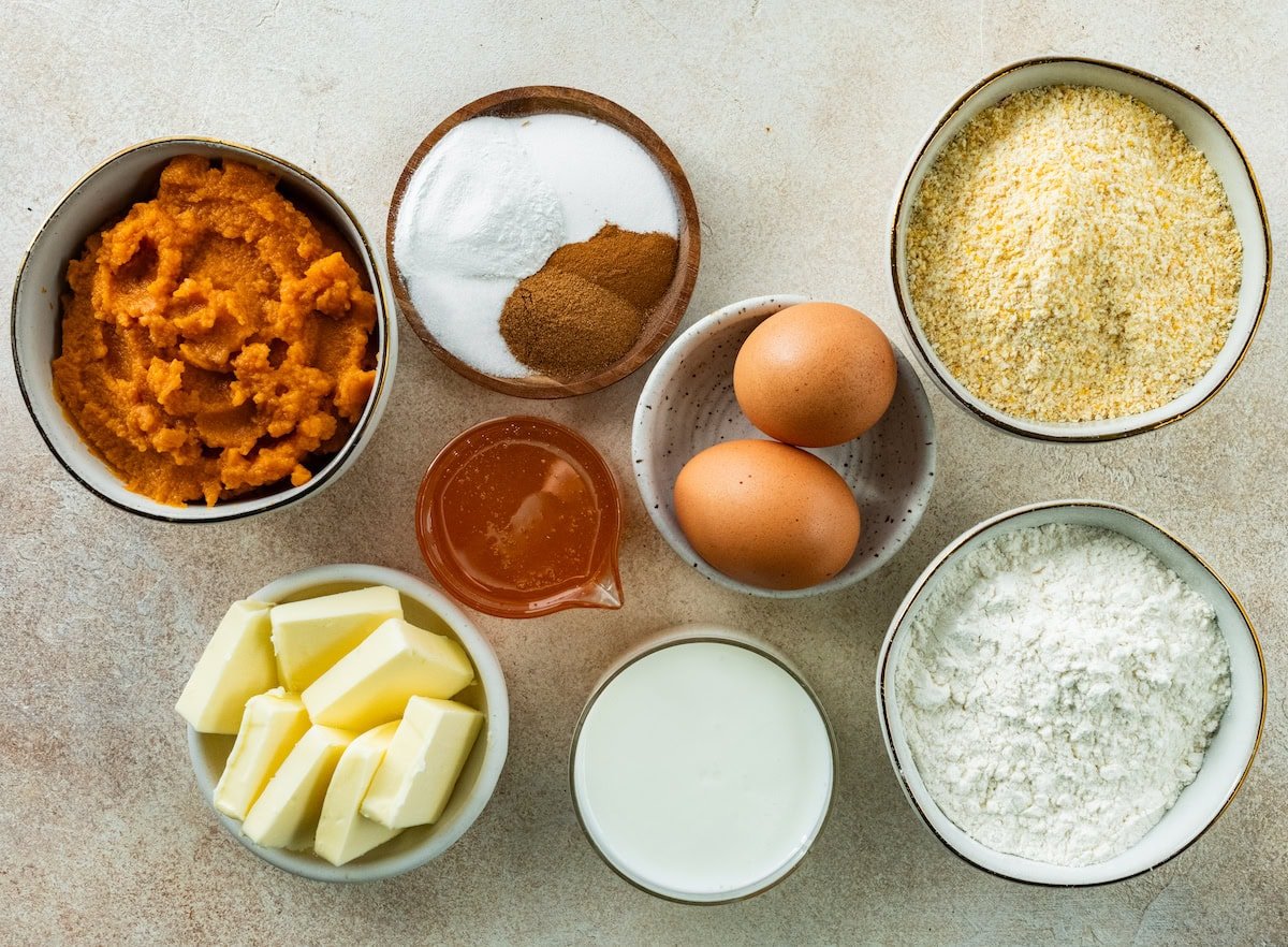 ingredients bowls to make pumpkin cornbread.