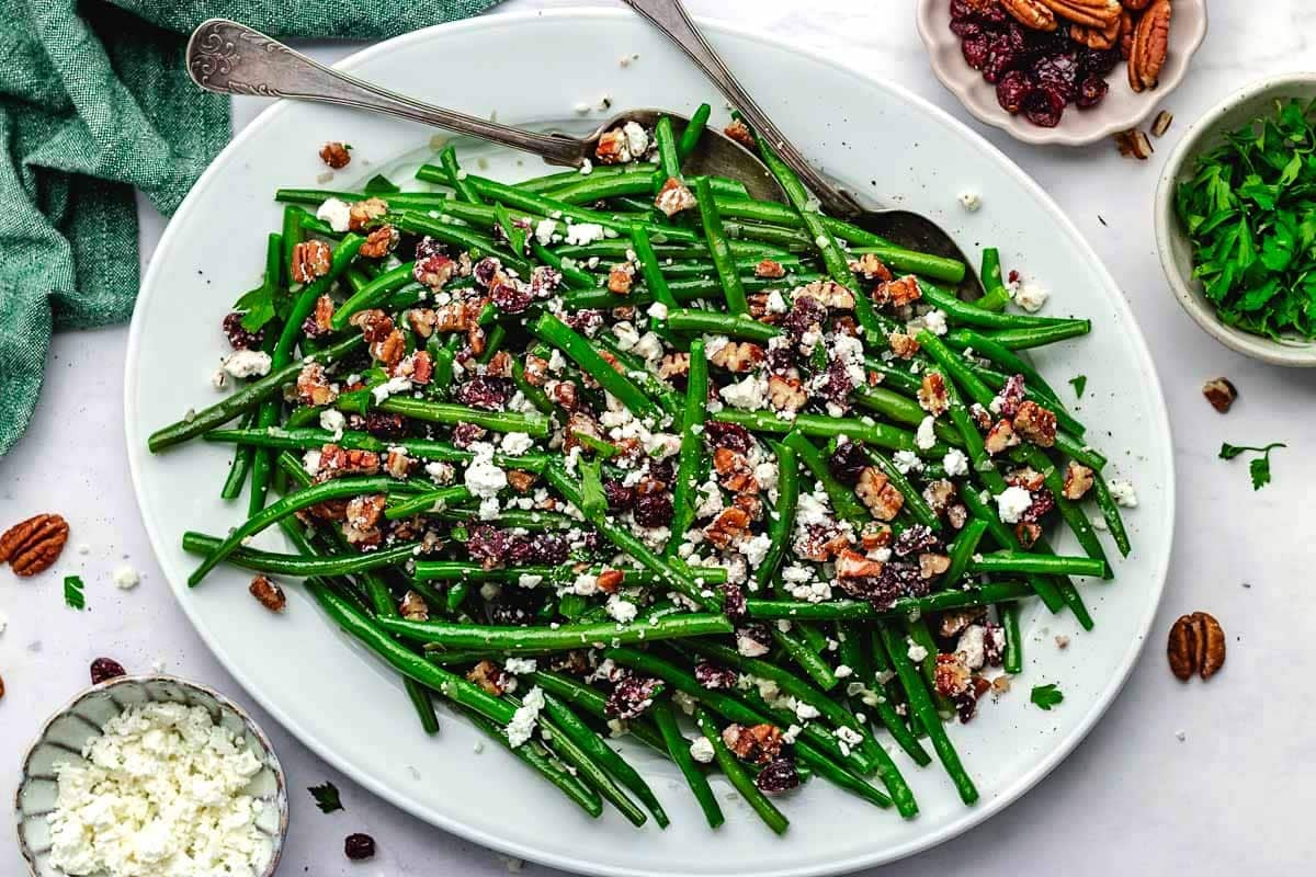 Green Beans with Pecan Cranberry Feta Crumble (A Holiday Favorite!)
