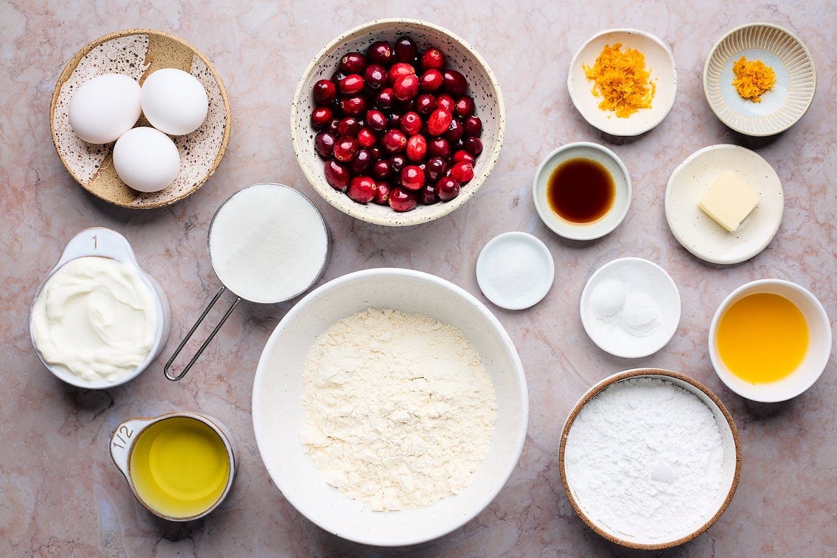 ingredients to make cranberry orange cake.