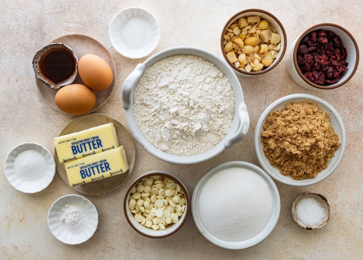 ingredients to make Cranberry White Chocolate Macadamia Cookies.