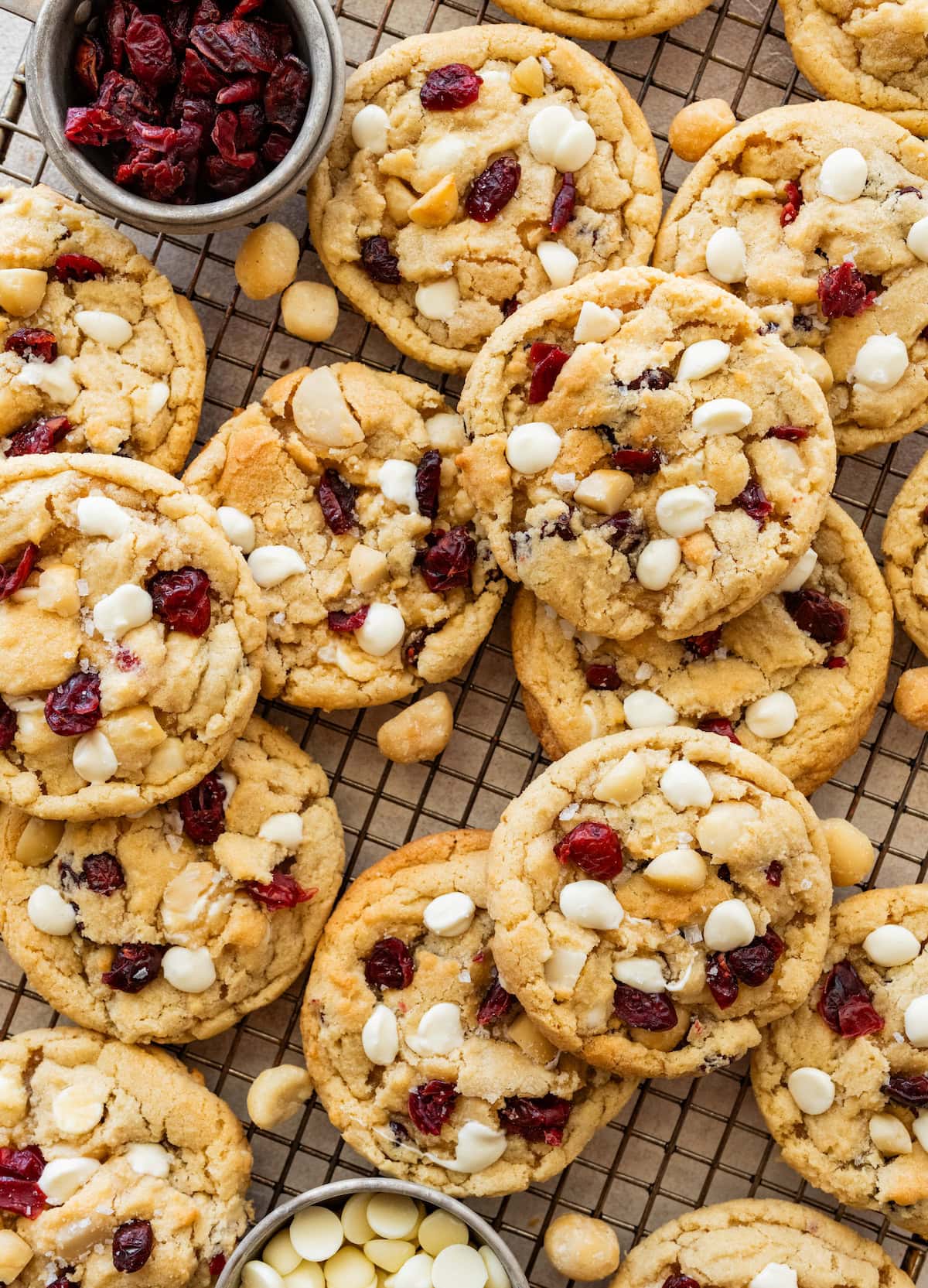 Cranberry White Chocolate Macadamia Cookies on cooling rack.