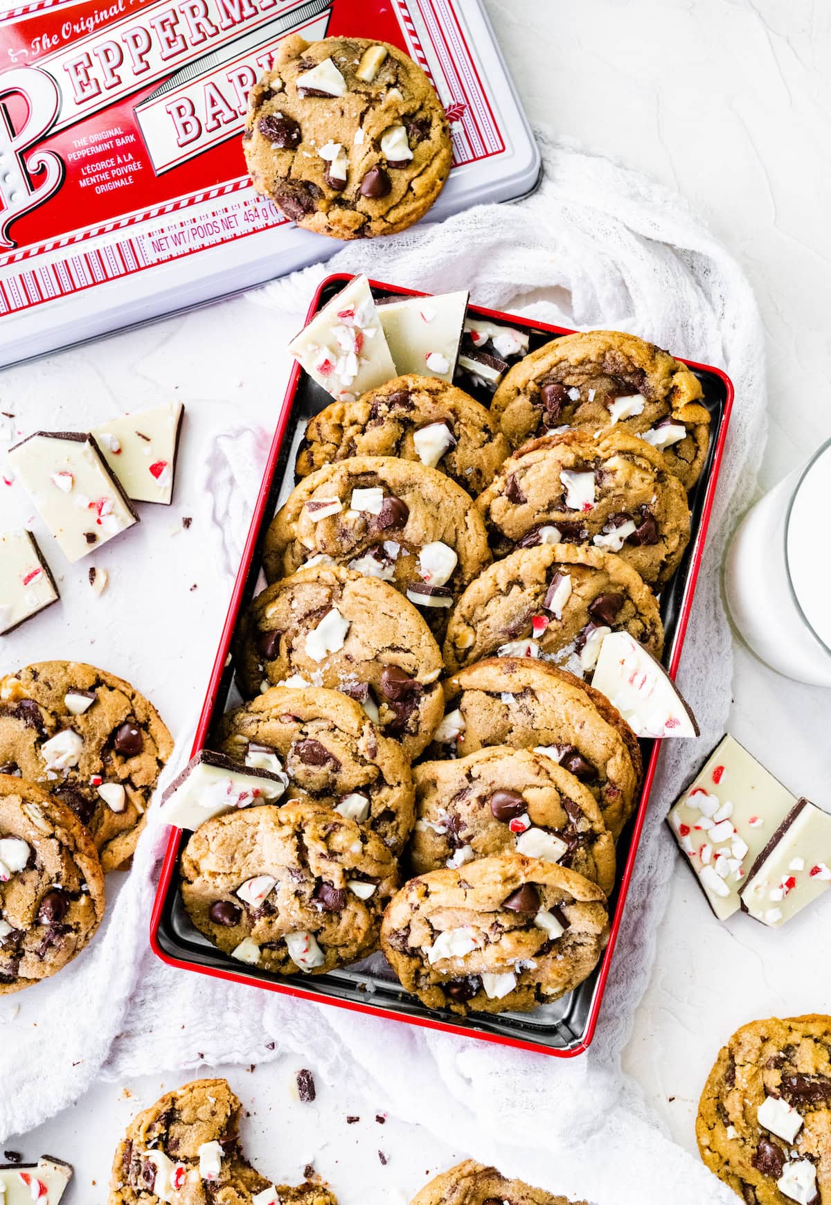 peppermint bark chocolate chip cookies in peppermint bark tin. 