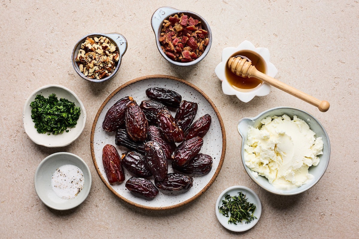 ingredients to make stuffed dates with goat cheese, bacon, and pecans.