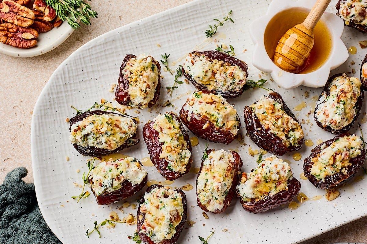 Sweet & Savory Stuffed Dates with Goat Cheese, Bacon, and Pecans