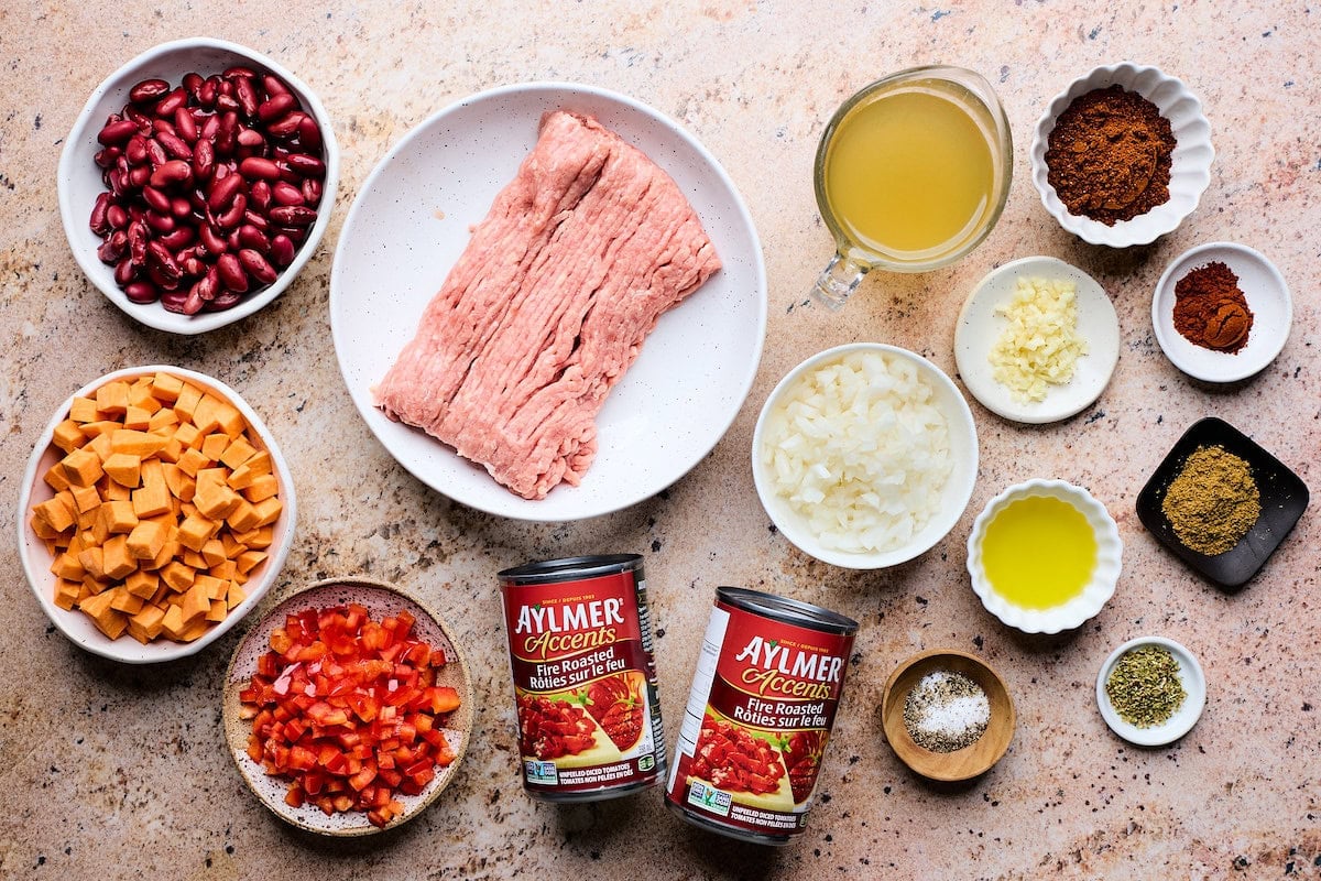 ingredients to make turkey sweet potato chili.