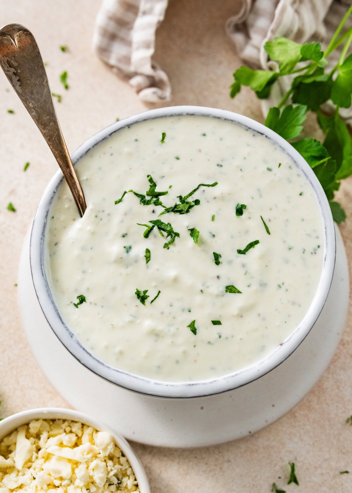 blue cheese dip in bowl with spoon.