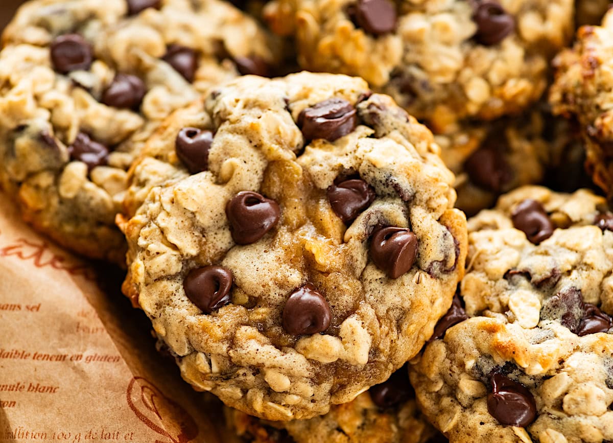 close up of banana oatmeal chocolate chip cookie. 