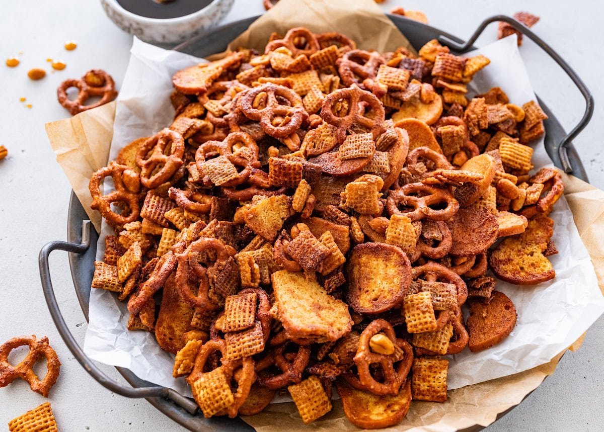 hot honey chex mix in serving tray.