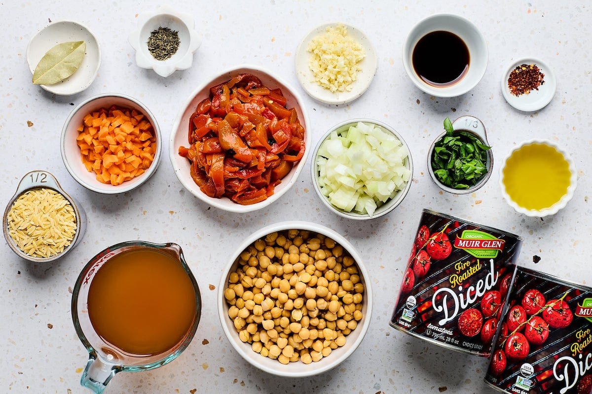 ingredients to make roasted red pepper soup with chickpeas and orzo.