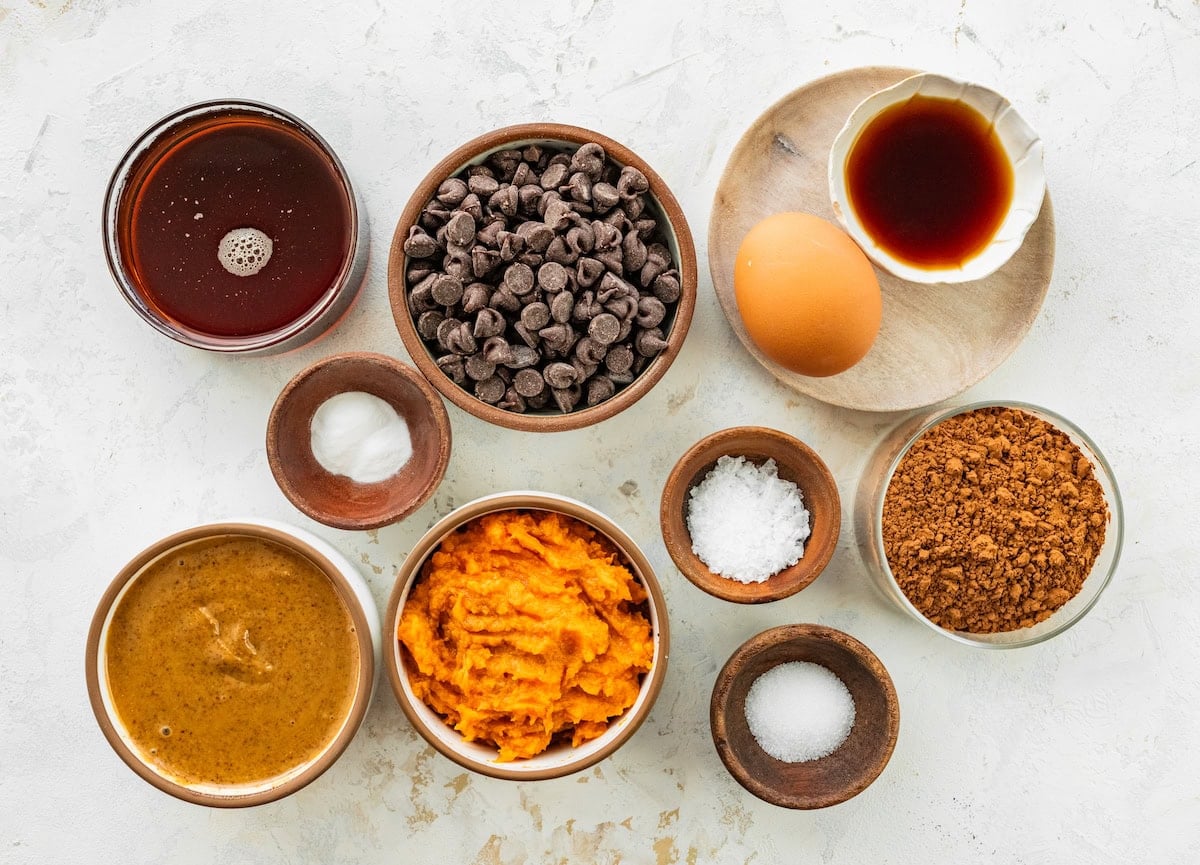 ingredients in bowls to make sweet potato brownies.