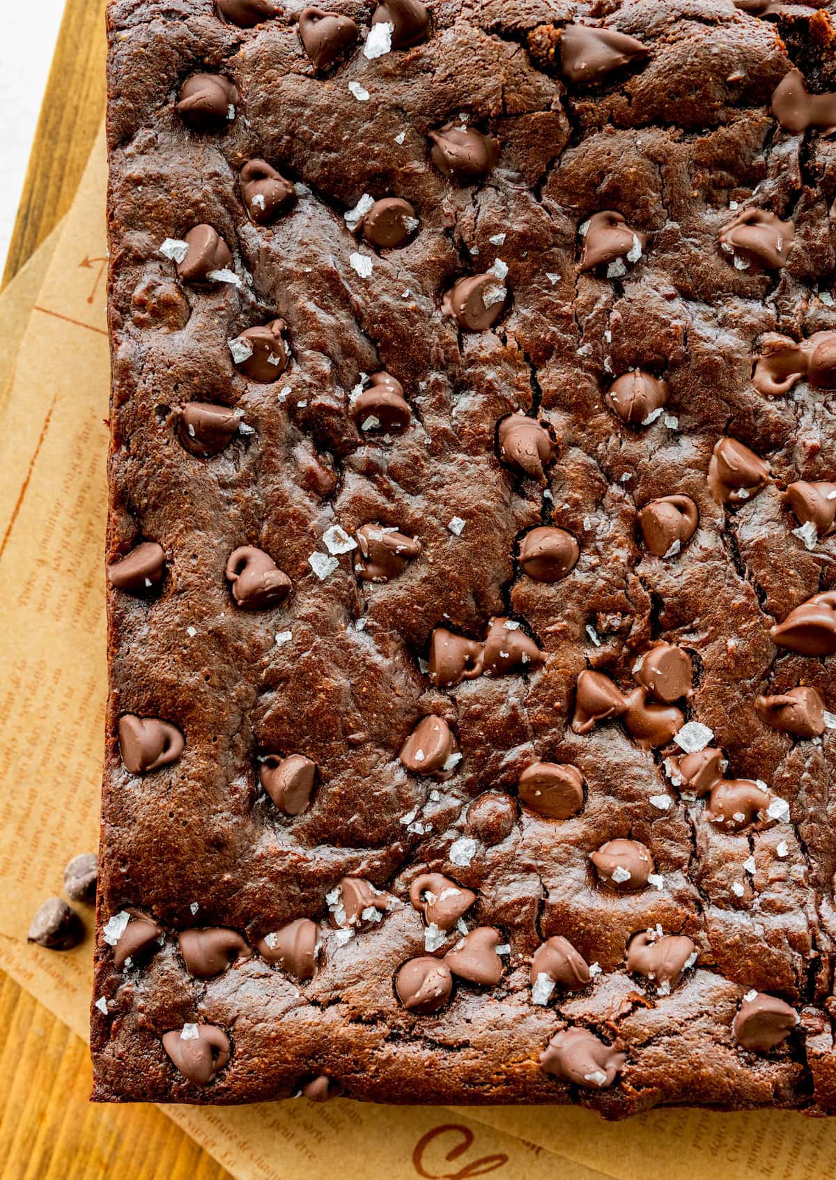 close up of sweet potato brownies with chocolate chips and flaky sea salt.